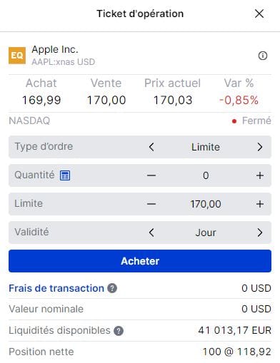 Exemple d'ordre sur Apple chez SAXOInvestor