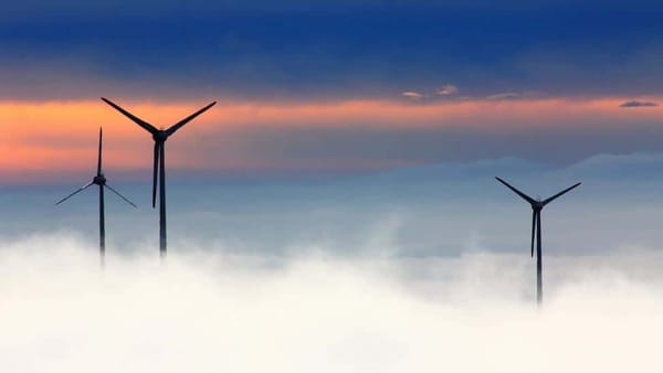 Des éoliennes qui dépassent de la brume.