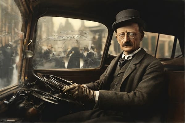 Max Planck qui conduit sa voiture.