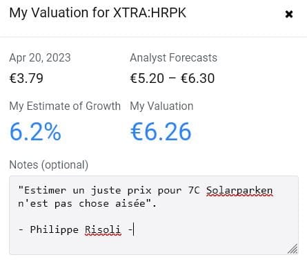 Valorisation de 7C Solarparken par Stock Valuator.